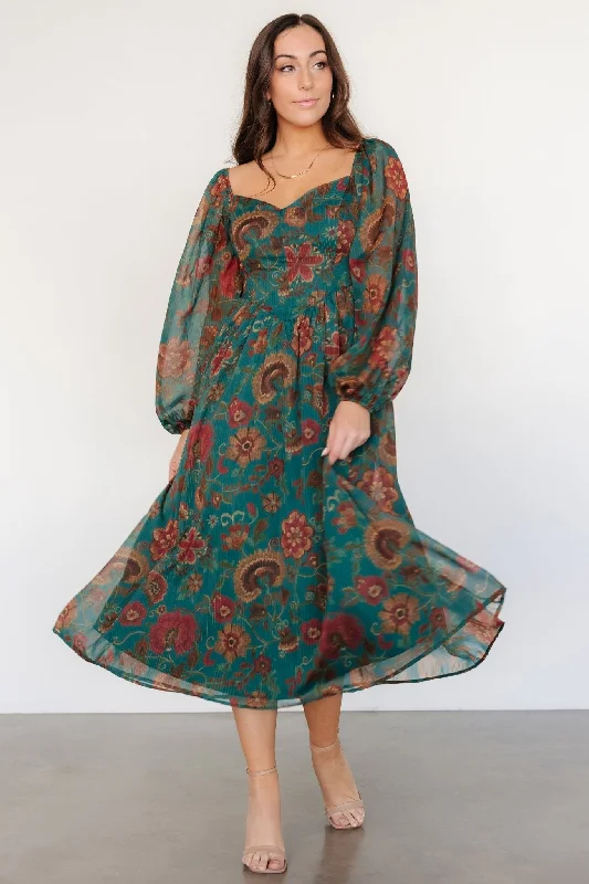 Babette Basque Waist Dress | Teal Multi Floral Best floral dresses for tall women