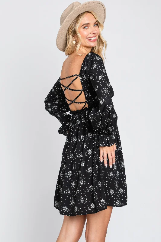 Black Floral Smocked Lace Up Back Dress New Year's Eve floral dresses