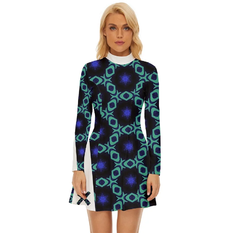 Blu/teal print Long Sleeve Velour Longline Dress Best floral dresses for hourglass body shape