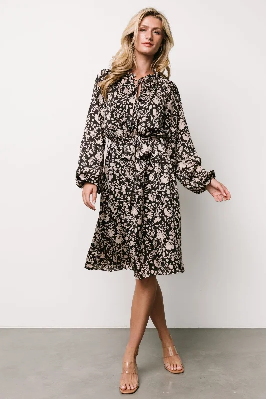 Deena Satin Dress | Black + Taupe Floral Romantic floral dresses