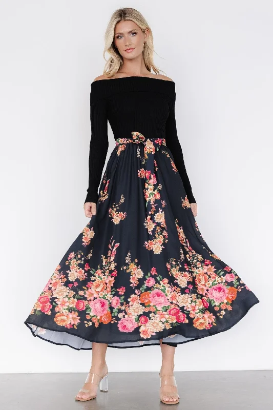 Qadira Off Shoulder Dress | Black + Multi Floral PrettyLittleThing floral dresses