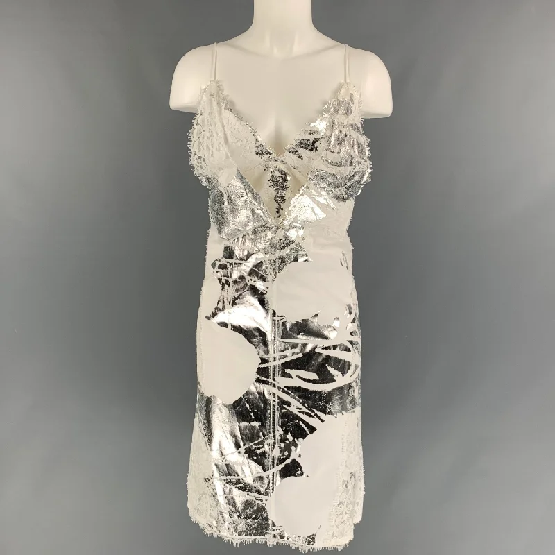 CALVIN KLEIN 205W39NYC x Andy Warhol Size 4 White Silver Cotton Metallic Digital-Print Cami Dress Party floral dresses