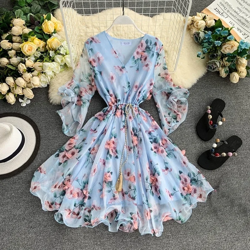 TAOVK Woman V-neck Flared Sleeve Chiffon Flower Print A-Line Dress Best floral dresses for hourglass body shape