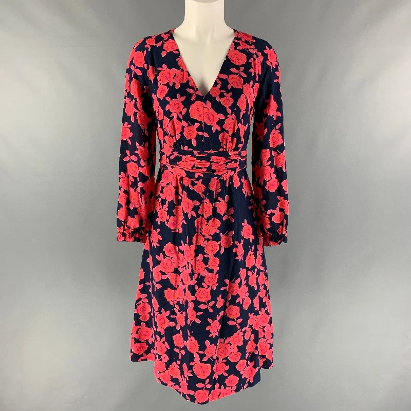 TORY BURCH Size 0 Navy &  Pink Silk Floral V-Neck Dress Women's trendy floral dresses sale