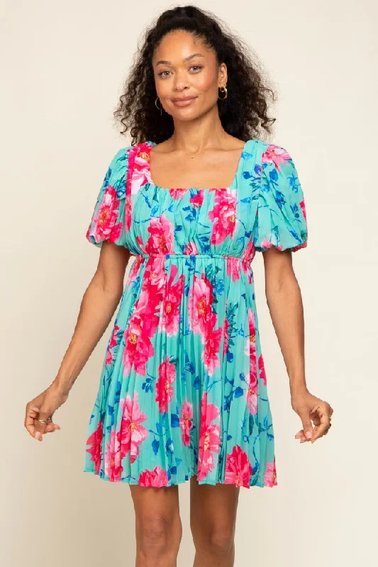 Turquoise Floral Chiffon Square Neck Pleated Dress Y2K floral dresses