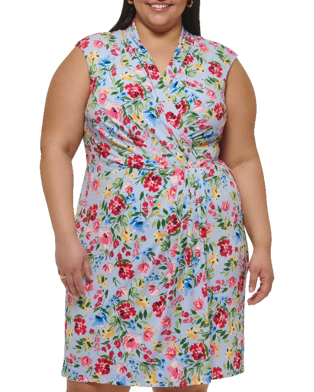 Plus-Size Floral-Print Faux-Wrap Dress Flowy floral dresses