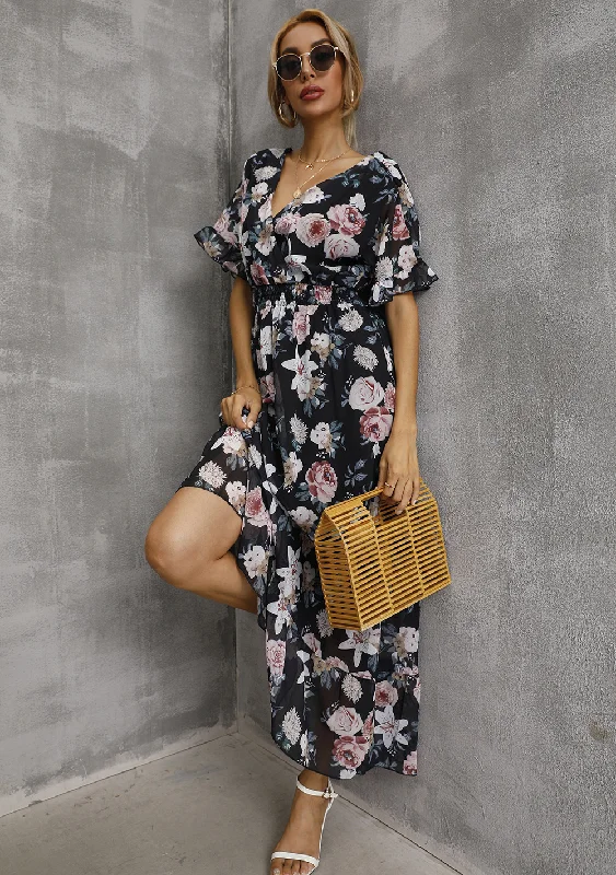 Women Fashion Casual Floral Printing V-Neck Short Sleeve Slit Dress Summer floral dresses