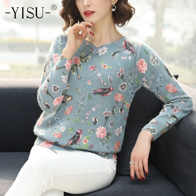 Women 2020  Autumn Winter Sweater Fashion Floral bird pattern Pullover Casual Loose long Sleeves sweater Office floral dresses