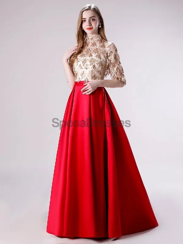 1/2 Long Sleeves High Neck Red Skirt Sequin Top Evening Prom Dresses, Evening Party Prom Dresses, 12116 High-Waisted Maxi Skirt