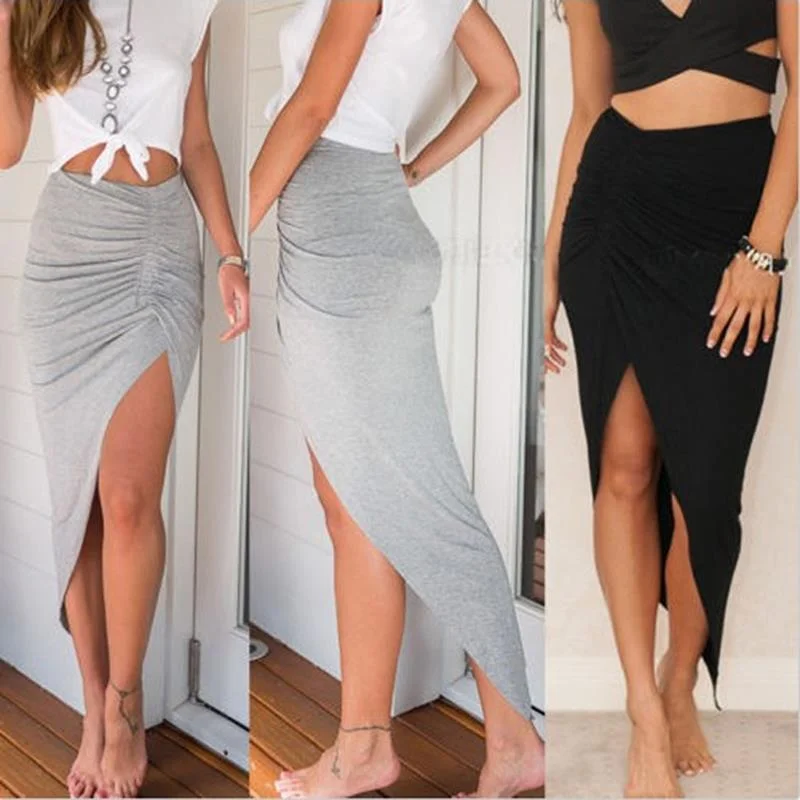 2023 Sexy Irregular Skirts Women Summer Charm Split Long Skirt Slit Party Bodycon Skirt Gray Black Office Lady Skirts Cozy Maxi Dress