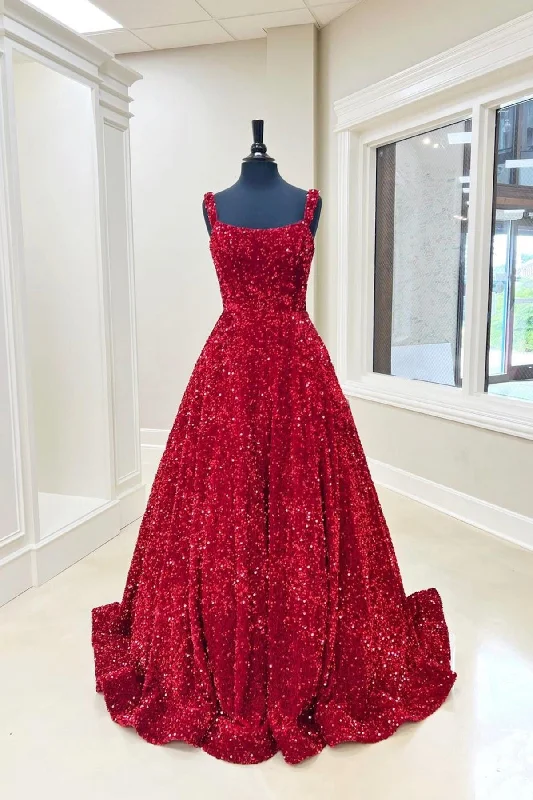 Burgundy Sequin Backless A-Line Long Prom Gown Sexy Maxi Skirt