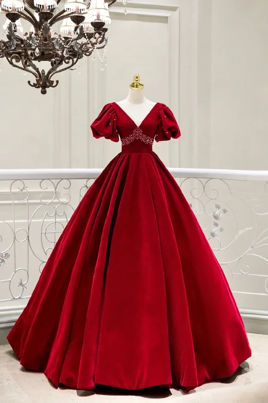 Burgundy V-Neck Velvet Long Prom Gown with Beaded Ruffle Maxi Skirt