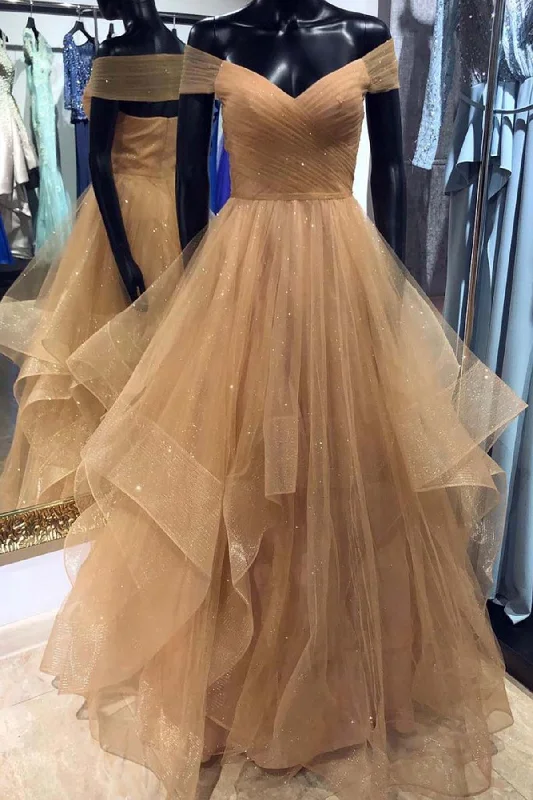 Champagne Off Shoulder Long Prom Dress with Layered Skirt Ruffled Maxi Skirt