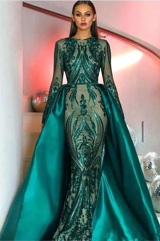 Chic Green Long Sleeve Sequins Evening Dress Overskirt Velvet Maxi Skirt