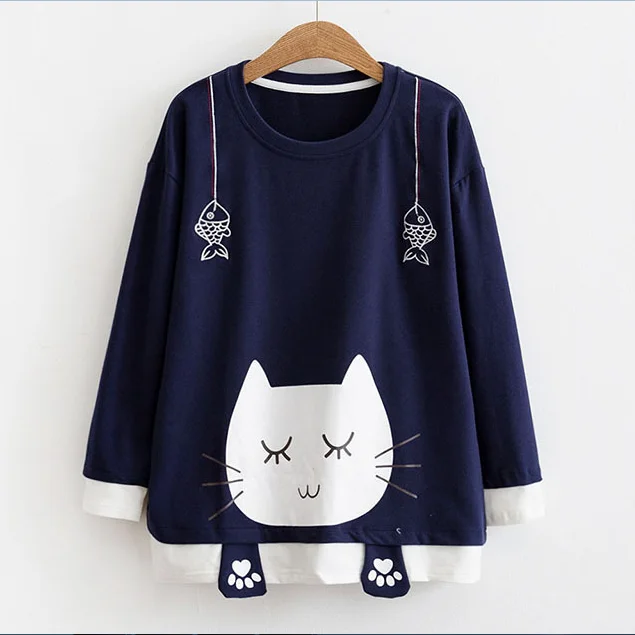 Cute cat is fishing print long sleeve hoodie sweater YV5064 Printed Long Skirt