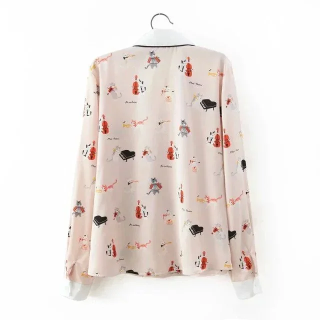 Kittens funny lapel cartoon print long-sleeved shirt YV2191 High-Low Maxi Skirt