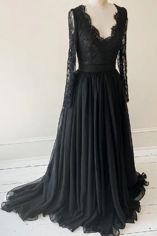 Lace Long Sleeves Black Evening Gown with Chiffon Skirt Chic Maxi Skirt