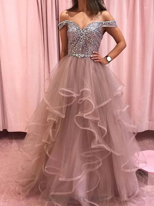 Off Shoulder Beaded Bodice Ruffle Skirt Long Evening Prom Dresses, Evening Party Prom Dresses, 12173 Button-down Maxi Skirt