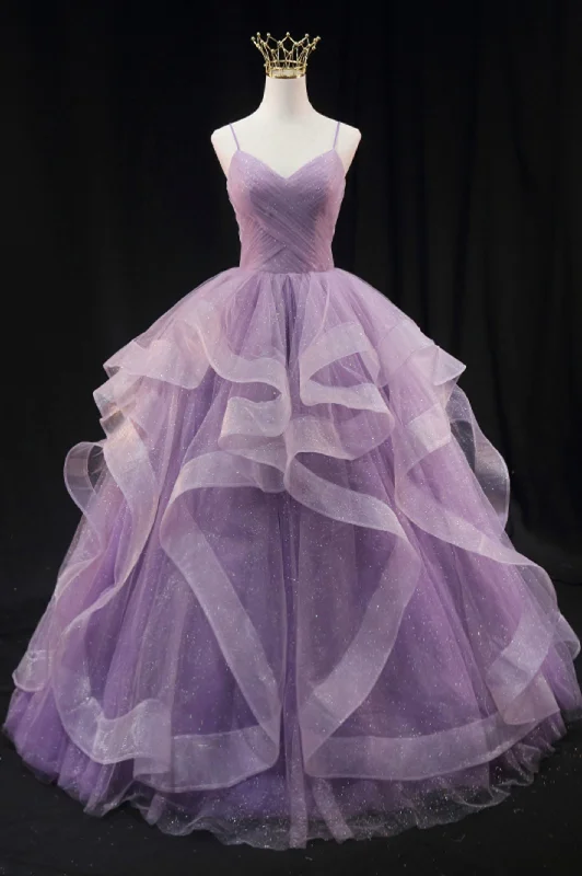 Purple Spaghetti Strap Tulle Long A-Line Ball Gown Summer Beach Maxi