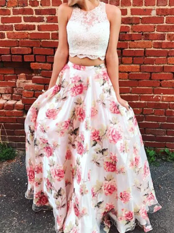 Two Pieces Lace Bodice Printed Flower Skirt Long Evening Prom Dresses JKG015 Chic Maxi Skirt