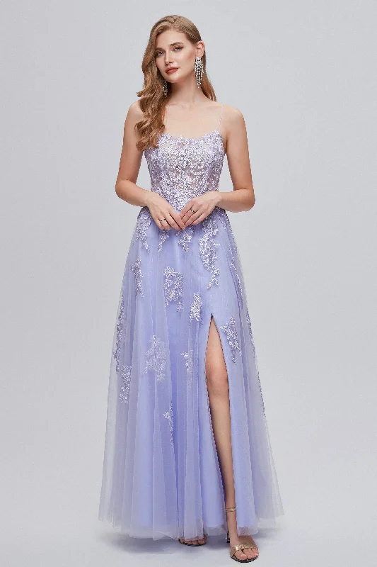 A-line High Split Spaghetti strap Applique Ankle Length Sleeveless Lace Prom Dresses Lace Detail Dress