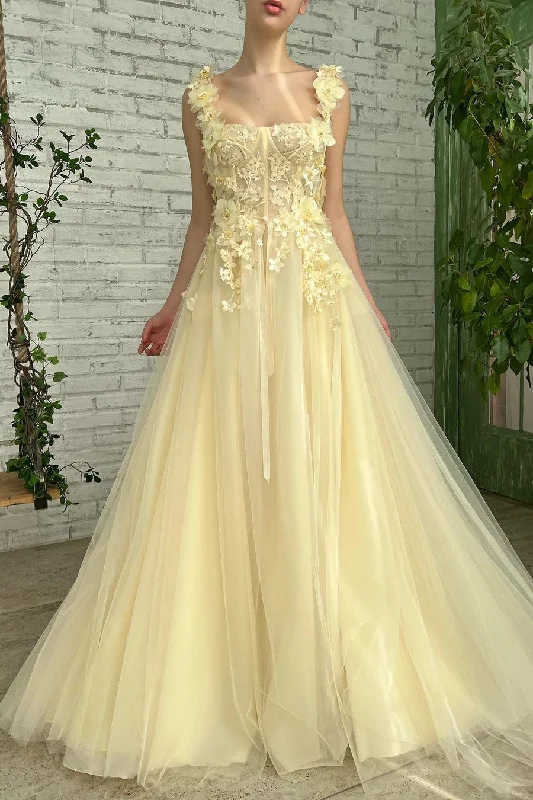 A-line Square Floor-length Sleeveless Open Back Appliques Lace Prom Dress Lace Party Gown