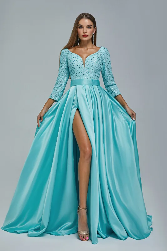 A-line V-neck Long sleeves Floor-length Backless High Split Satin Lace Crystal Detailing Beautiful Prom Dress Lace Detail Gown