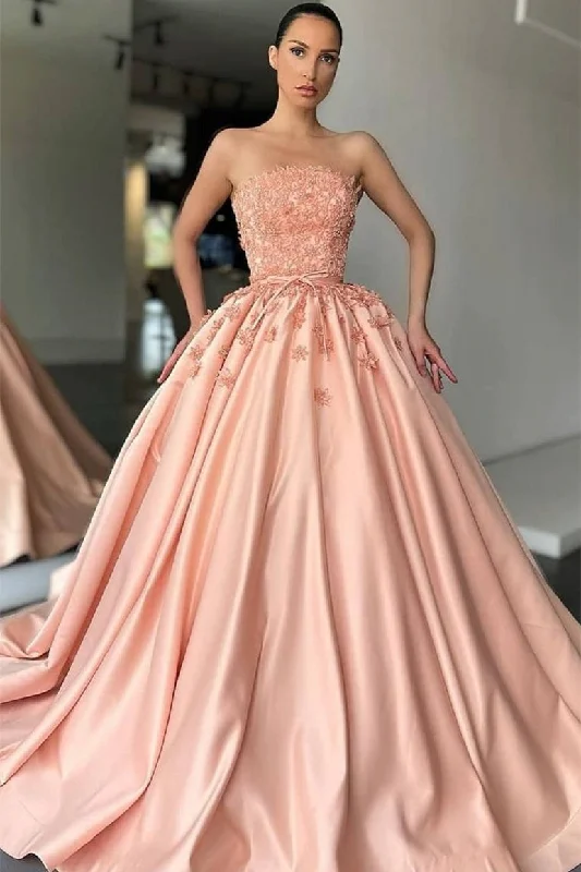 Ball Gown Strapless Lace Applique Floor-length Sleeveless Prom Dress Satin Lace Dress