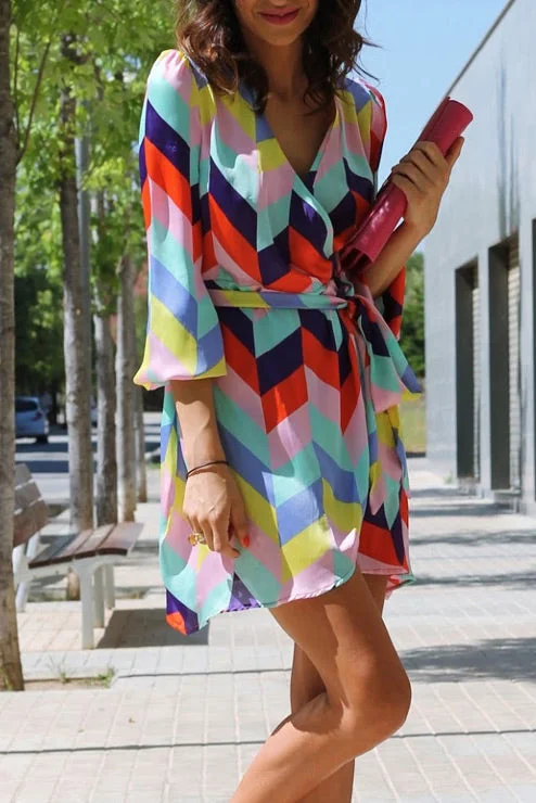 Colorful Geometric Print Lace-up Vacation Dress Sheer Lace Dress