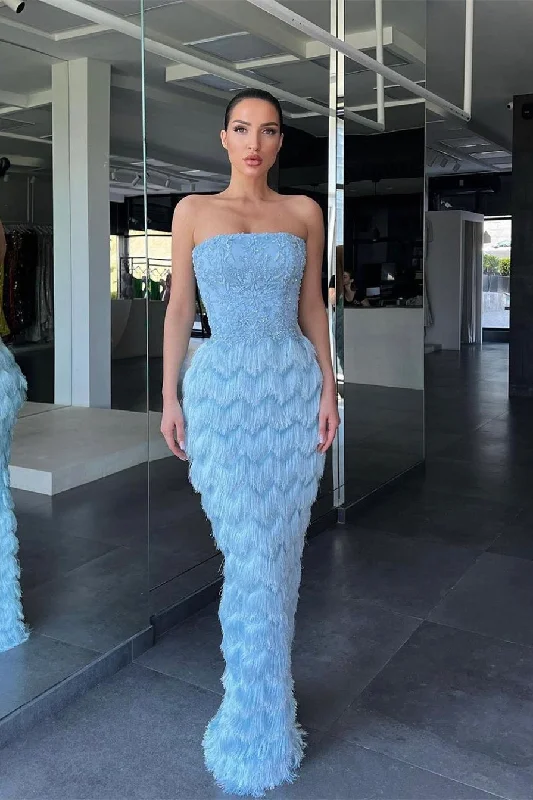 Mermaid Strapless Floor-length Cap Sleeve Appliques Lace with Feather Prom Dress Elegant Lace Design