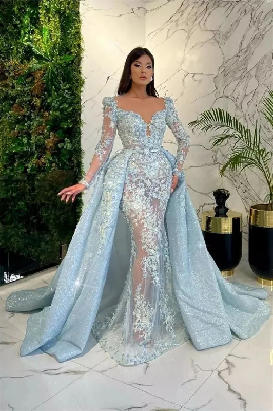 Mermaid V-neck Long Sleeve Lace Applique Floor-length detachable train Prom Dress Tiered Lace Gown