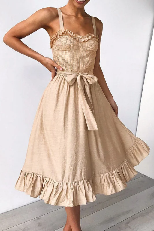 Smocked Sleeveless Lace-up Ruffled Dress Lace Skater Dress