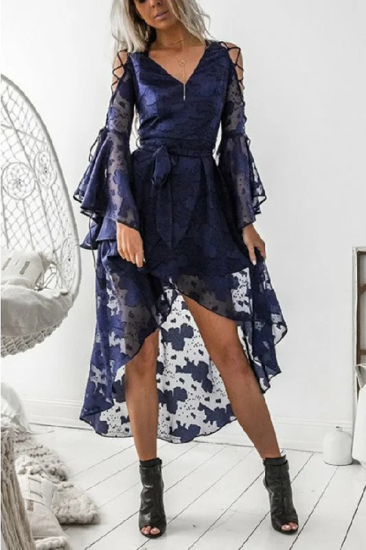 V-Neck Lace Asymmetric Wrap Dress Lace Midi Dress