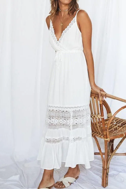 White Lace Panel Spaghetti Straps Vacation Dress Lace Dress Elegance