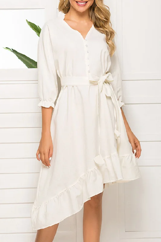 White Lace-up Casual Ruffle Dress Lace Overlay Dress