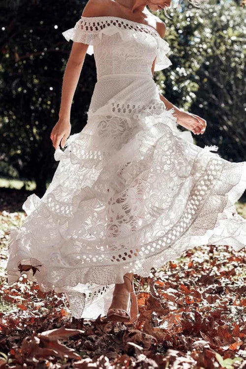 White Off Shoulder Lace Cutout Prom Dress Lace Dress Style