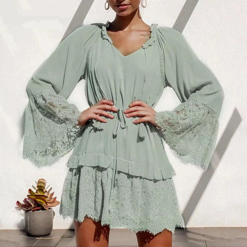 Women's Summer V-Neck Lace Ruffled Long-Sleeved Dress Lace Dress Perfect