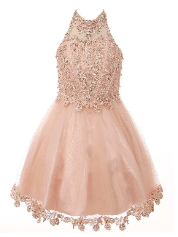 Big Girls Blush Halter Neck Rhinestone Sequin Junior Bridesmaid Dress 8-16 Sequin Shift Gown