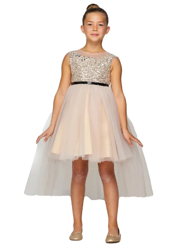 Big Girls Multi Color Sequin Tulle Belt High-Low Junior Bridesmaid Dress 2-12 Sequin Detail Dress