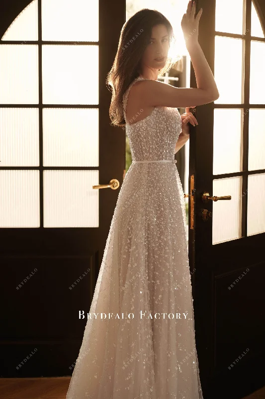 Glamour White Gradient Sequin Square Neck Wedding Dress Bright Sequin Dress