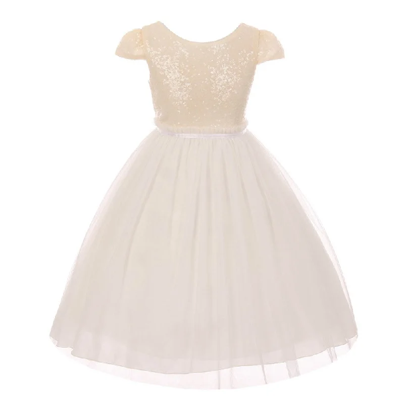 Big Girls Ivory Sequins Tulle Cap Sleeves Junior Bridesmaid Dress 8-12 Sparkly Sequin Dress