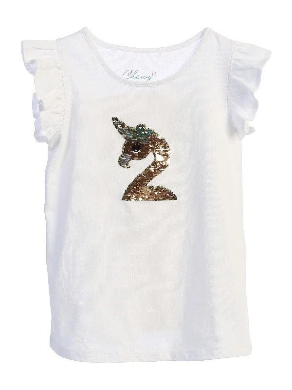 Little Girls White Butterfly Sleeve Flip Sequin Flamingo Corn Shirt 2T-6 Sequin Dress Look