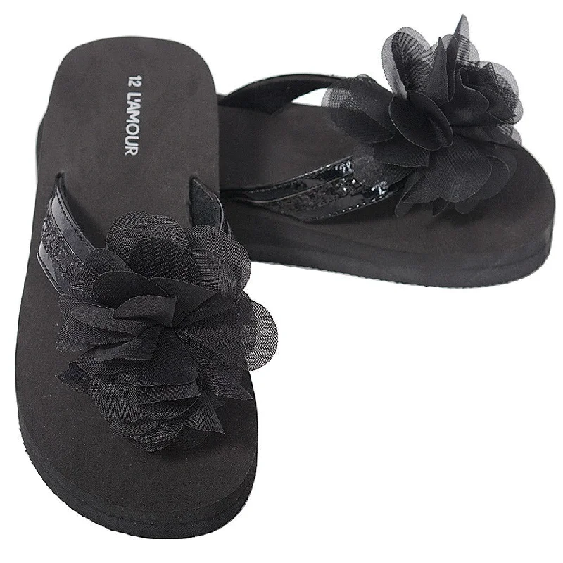 Black Sequin Strap Flower Flip Flop Sandals Little Girls 11-4 Floor-length Sequin Dress