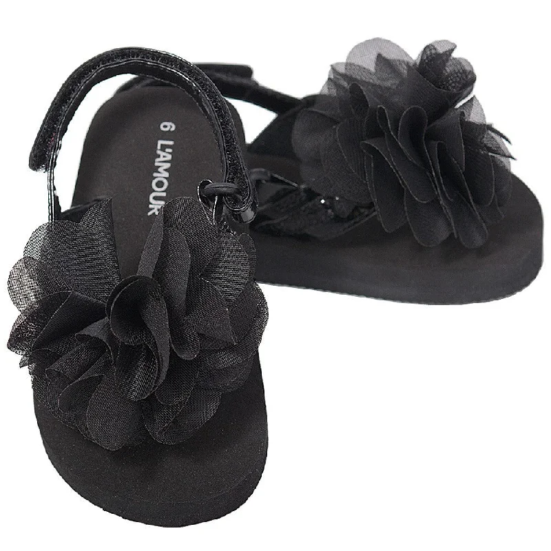 Black Sequin Strap Flower Flip Flop Sandals Toddler Girls 5-10 Sequin Dress Party