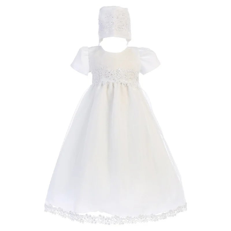 Baby Girls White Sequin Trim Organza Gown Bonnet Christening Set 0-18M Sequin Wrap Dress