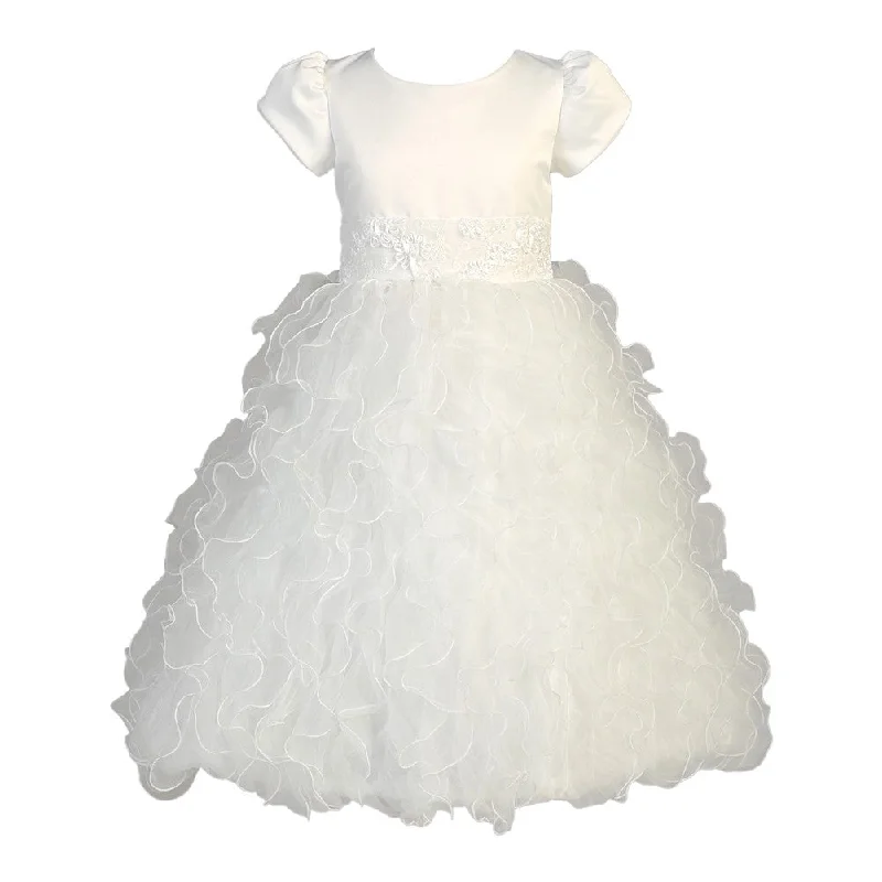 Big Girls White Satin Ruffle Organza Sequin Tea Length Communion Dress 5-7 Sequin Dress Glam