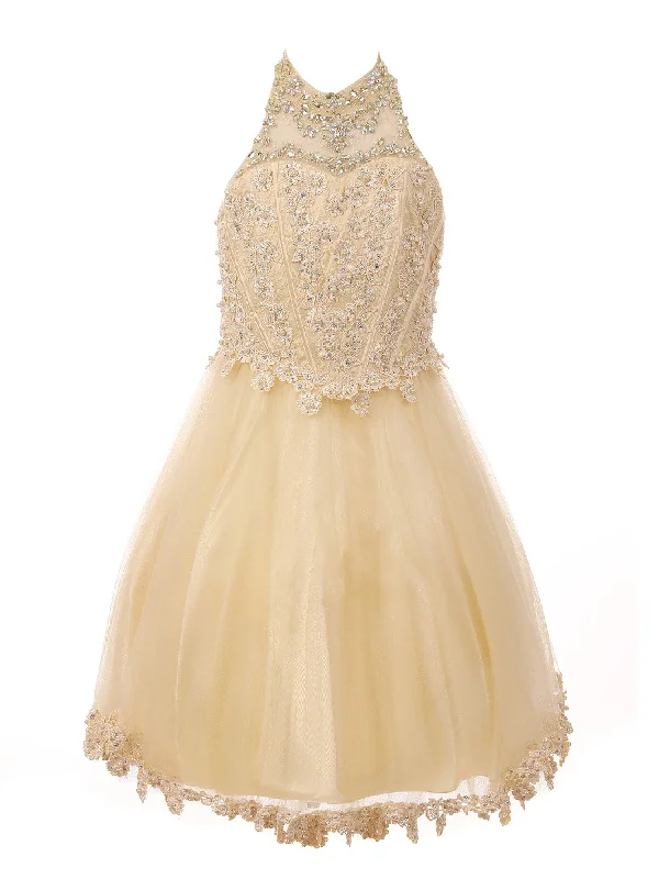 Little Girls Champagne Halter Neck Rhinestone Sequin Flower Girl Dress 4-6 Sequin Gown Party