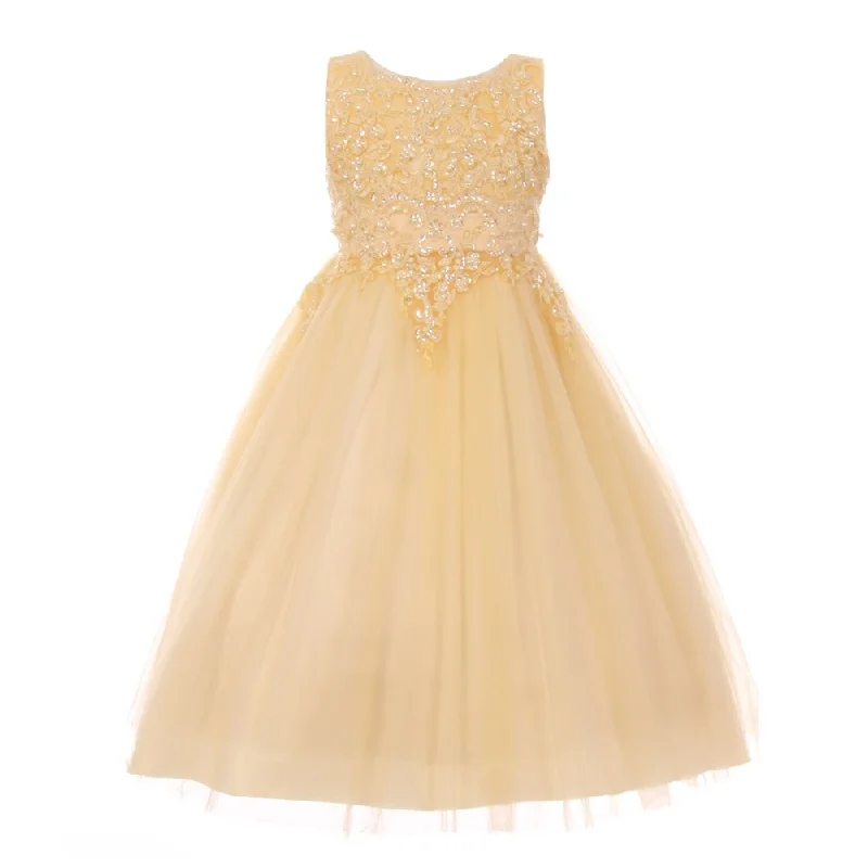 Little Girls Champagne Pearl Sequin Adorned Satin Tulle Flower Girl Dress 4-6 Stylish Sequin Dress