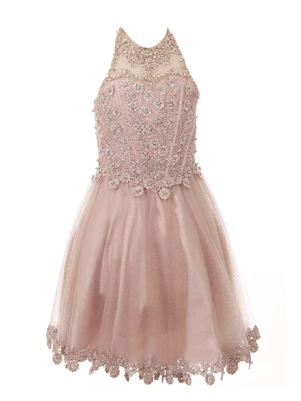 Little Girls Dusty Rose Halter Neck Rhinestone Sequin Flower Girl Dress 4-6 Sequin Cocktail Gown