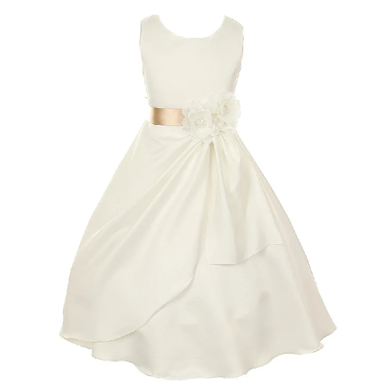 Little Girls Ivory Champagne Bridal Dull Satin Sequin Flowers Occasion Dress 2-6 Sequin A-line Dress